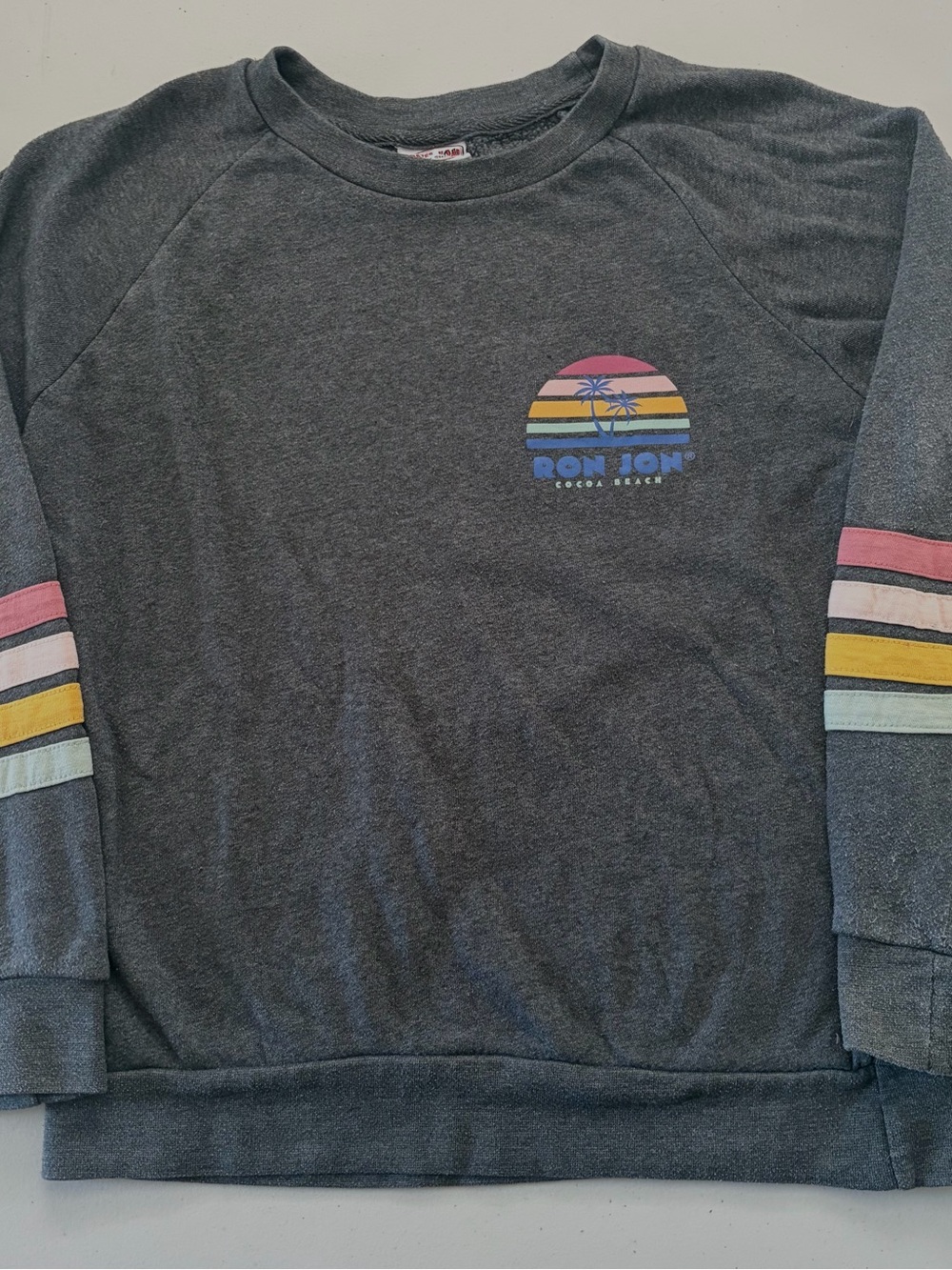 Ron Jon Charcoal Crewneck Sweater with Pastel Stripe Accents